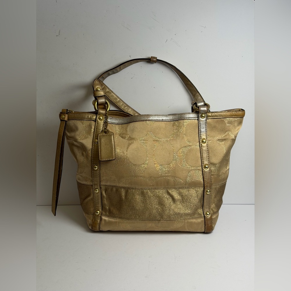 Coach Signature Stripe Studded Lurex Tote in a Gold Colorway
